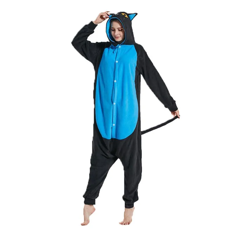 New Autumn And Winter Hooded Fleece Male And Female Couples Cute Black Wolf Animal Cartoon - Blue