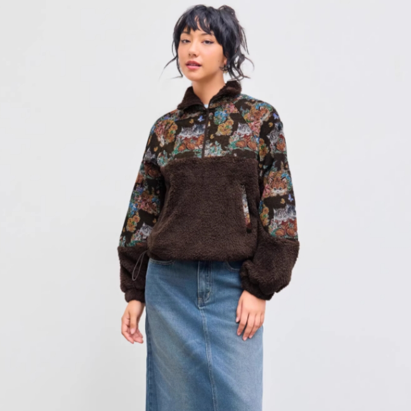 Women's Turn-down Collar Floral Cat Tie Hoodie