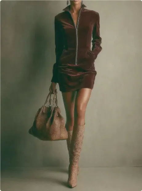 Deerskin Velvet French Long sleeve Zipper Dress Short Skirt Dark Brown1 - Shop at LoveMi