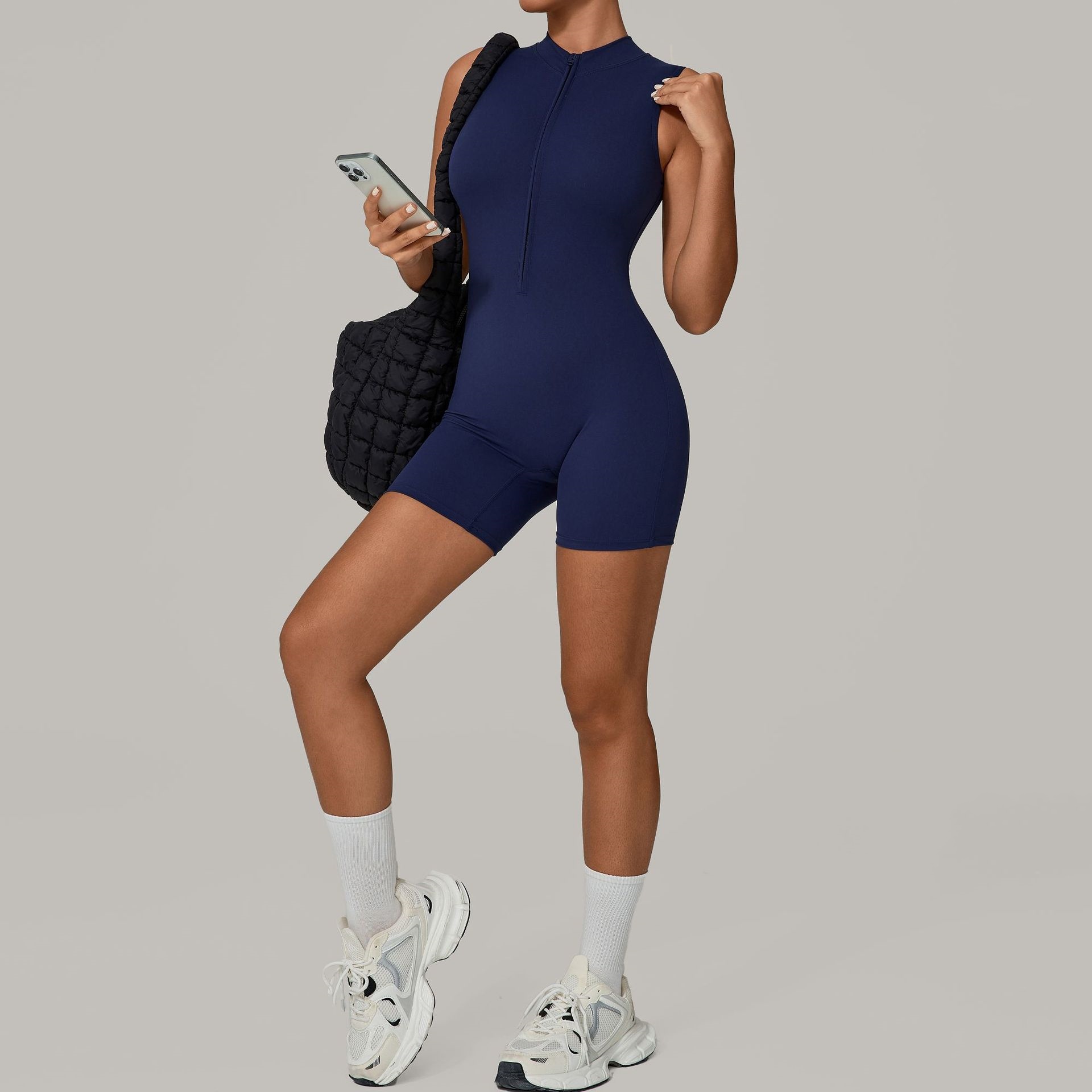 European And American One-piece Jumpsuit With Stand-up Collar, Zipper, And Sleeveless