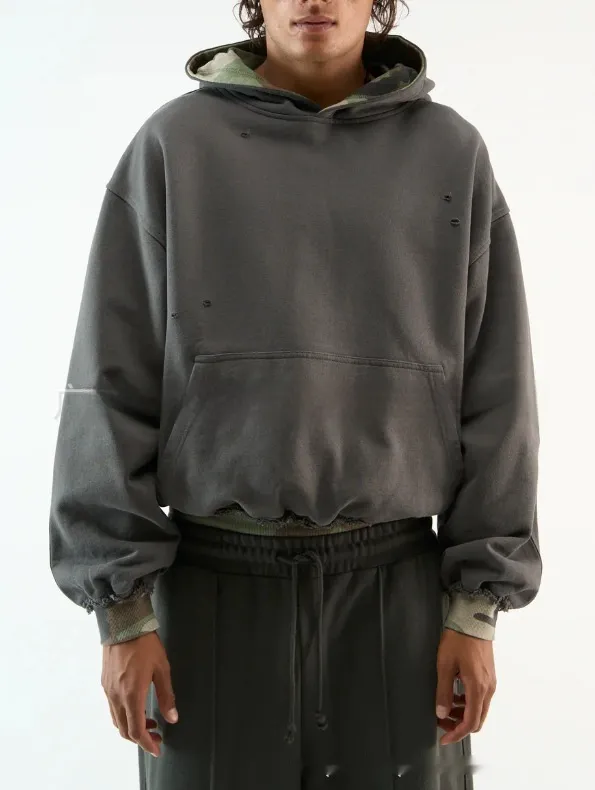 Autumn And Winter Simple Fashion Contrasting Color Camouflage Hooded Sweatshirt With Fake Two piece Design Dark Gray - Shop at LoveMi