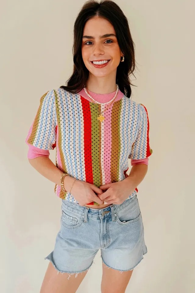 Multicolor Striped Hollow out Knit Short Sleeve Sweater Multicolor - Shop at LoveMi