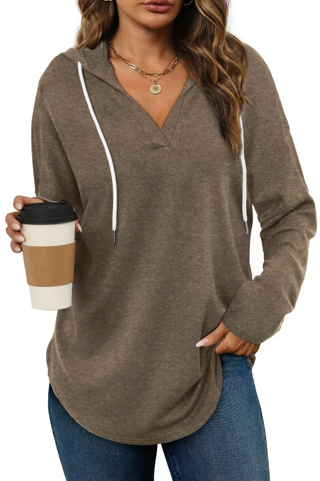 Autumn New Women's V-neck Sweatshirt Hooded Long Sleeve - Coffee