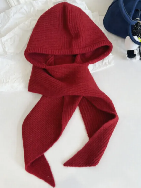 Big Head Knitted Shawl Scarf Integrated Wool Hat Red - Shop at LoveMi
