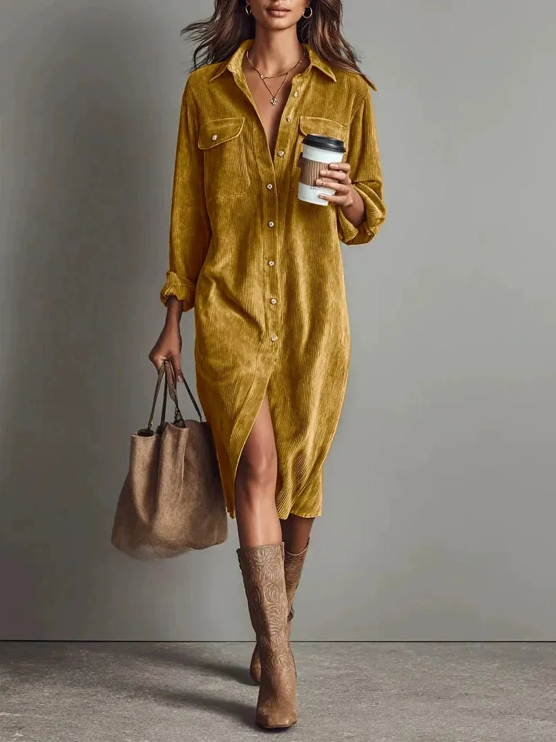 Turn-Down Collar Buttons Chic Casual Dress, Women Spring Autumn Solid Simple Party Dress, Long Sleeve Holiday Ladies Dress - Orange