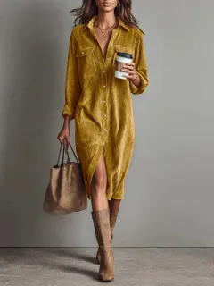 Turn-Down Collar Buttons Chic Casual Dress, Women Spring Autumn Solid Simple Party Dress, Long Sleeve Holiday Ladies Dress - Orange - View 1