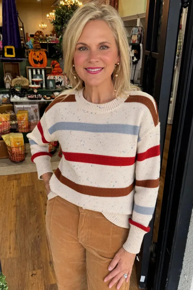Beige Striped Off shoulder Knit Top With Topstitching Beige Stripe - Shop at LoveMi