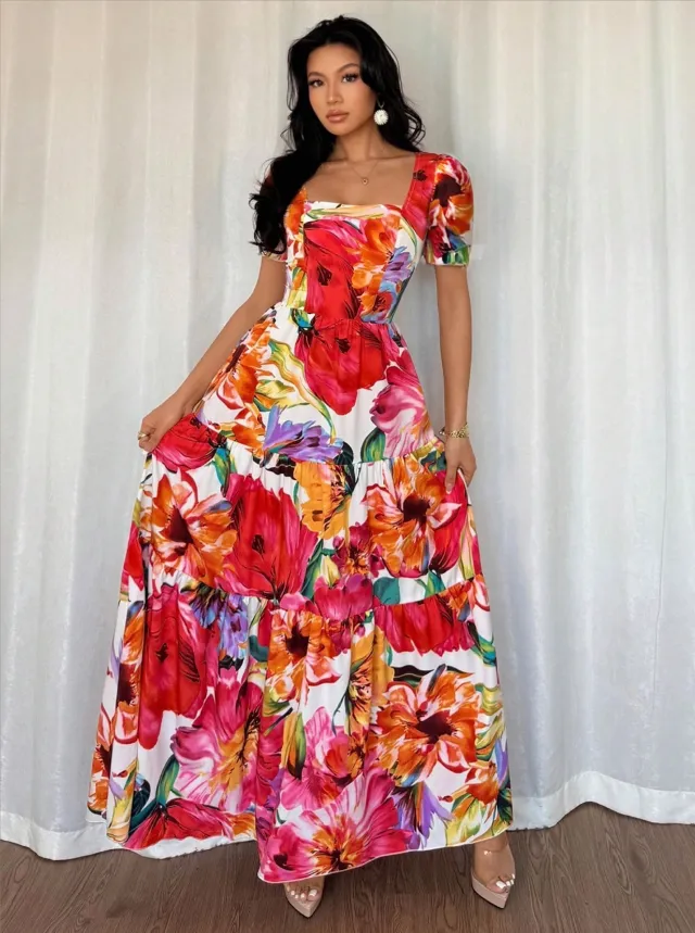 Retro Print Patchwork Long Fashion Festival Date Dress Red - Shop at LoveMi