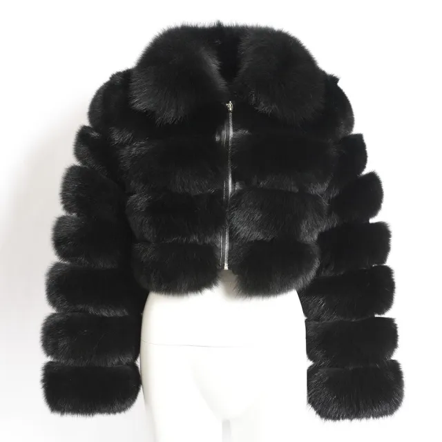 Women's Fur Coat Fox Fur Stitching Short Lapel Long Sleeve Coat Black - Shop at LoveMi