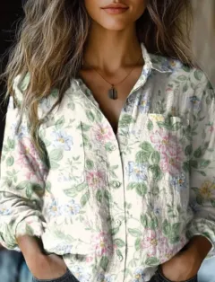 Women's White Floral Print Casual Long Sleeve Comfortable Cotton Shirt - White - View 1