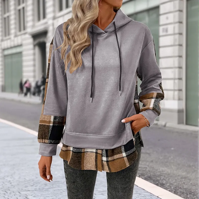 European And American Long Sleeve Plaid Colorblock Hooded Velvet Padded Sweater - Light Grey