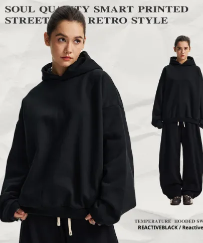 Fleece lined Thickened Warm Loose Hooded Sporty Casual Couple Set Black - Shop at LoveMi