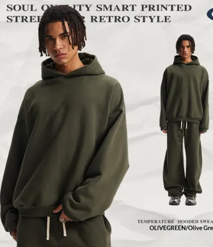 Fleece-lined Thickened Warm Loose Hooded Sporty Casual Couple Set - Olive