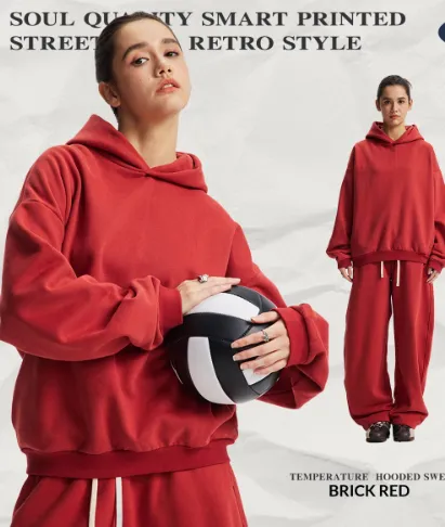 Fleece lined Thickened Warm Loose Hooded Sporty Casual Couple Set Brick Red - Shop at LoveMi