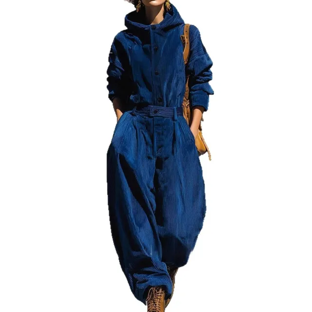 Blue Corduroy Hooded Top And Wide leg Pants Set Blue - Shop at LoveMi