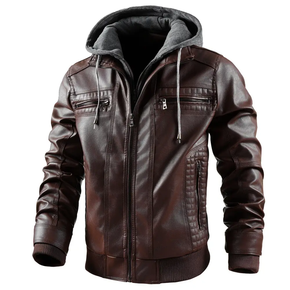 Hooded Jacket with Zipper Pockets Fashion Warm Pu Leather Coat Mens Clothing