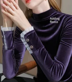 Autumn And Winter New Semi-high-neck Velvet Top Base Shirt - Purple Thickened - View 1