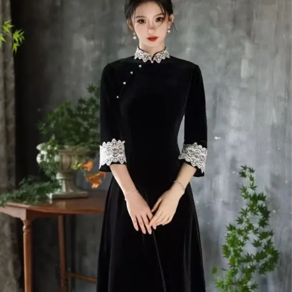 Chinese style Elegant High end Mid sleeve Dress Black - Shop at LoveMi