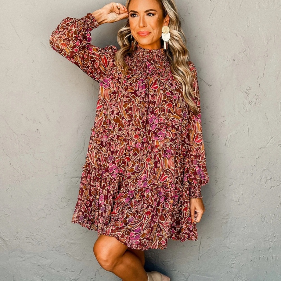 Women's Casual Versatile Floral V neck Long Sleeve Dress Pink - Shop at LoveMi