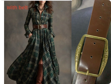 Ins Plaid Print Long-Sleeved Dress Fashion Pockets Collared Buttons Shirt Long Dresses Retro Women's Clothing - Image 22