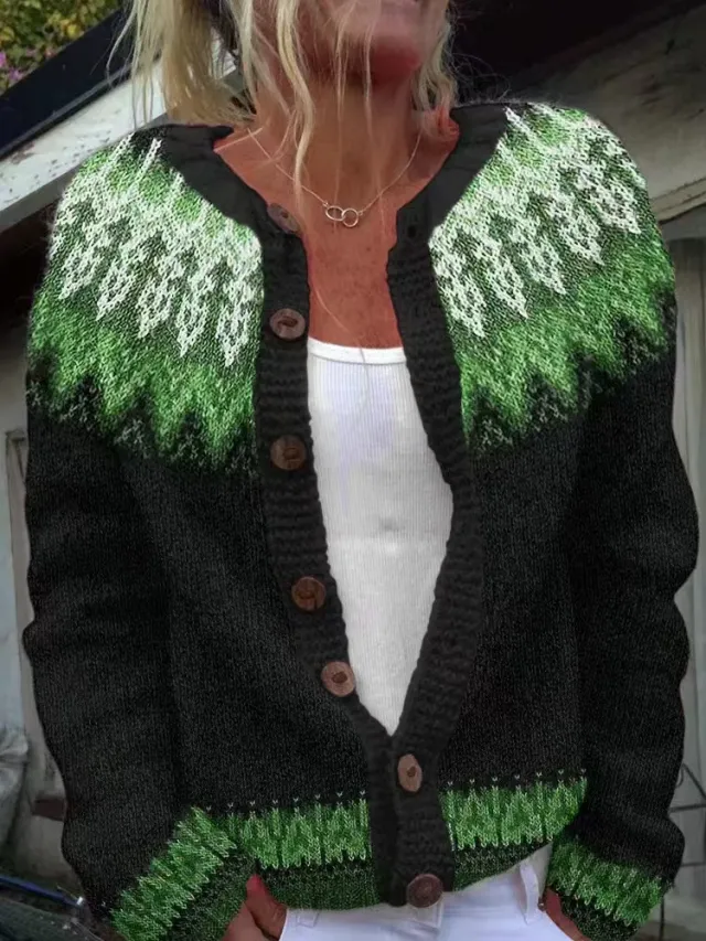 Cardigan Color blocked Loose fitting Fashionable Knitwear Green - Shop at LoveMi