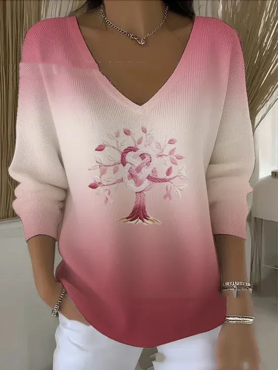 Women's Off Shoulder V-Neck Long Sleeve T-Shirt - 6F184-S