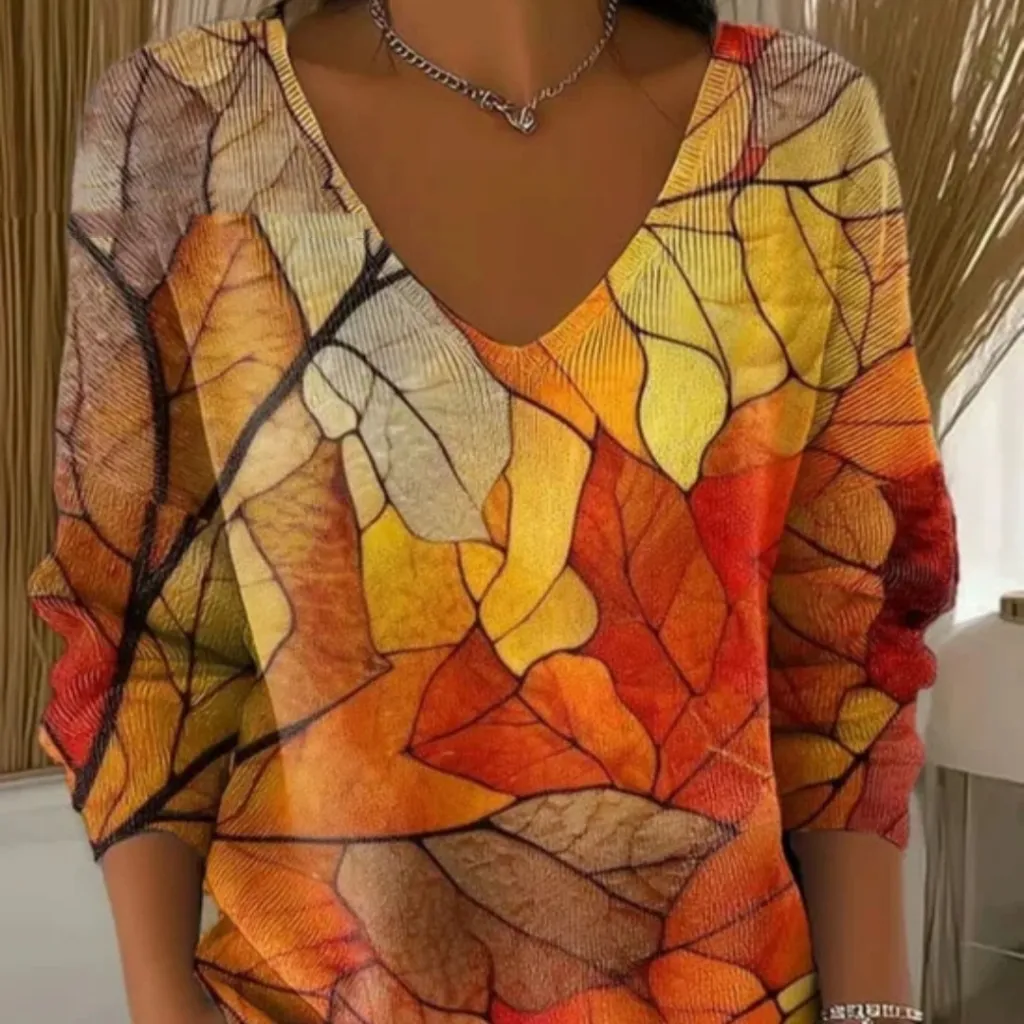 Women's Off Shoulder V-Neck Long Sleeve T-Shirt - 3F184