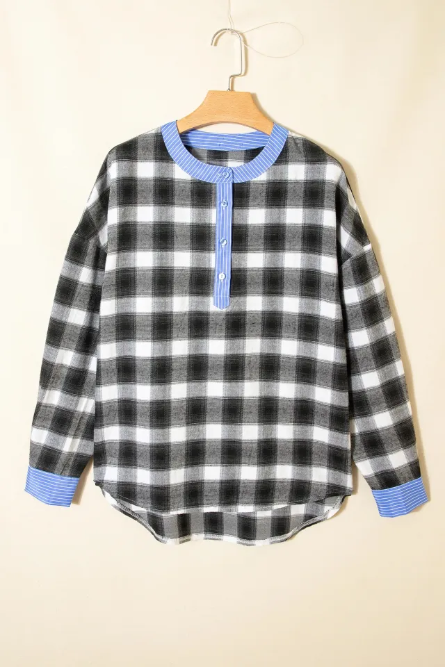 Women's Casual Fashion Patchwork Plaid Shirt Blue - Shop at LoveMi