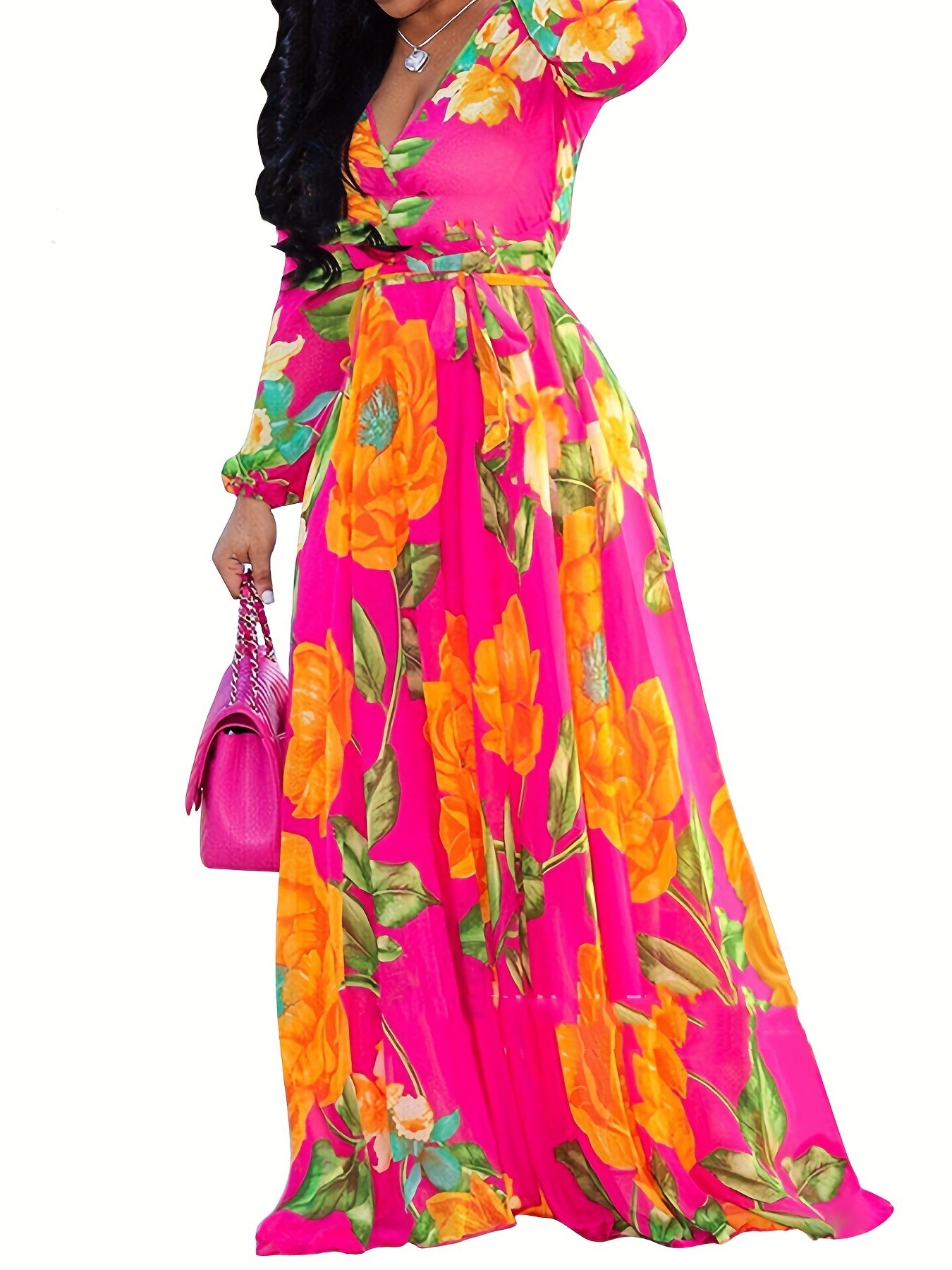V neck Plus Size Floral Print Maxi Skirt Rose - Shop at LoveMi