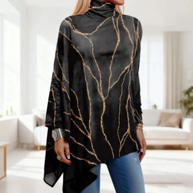 Turtleneck Glitter Pattern Asymmetric Top Black - Shop at LoveMi