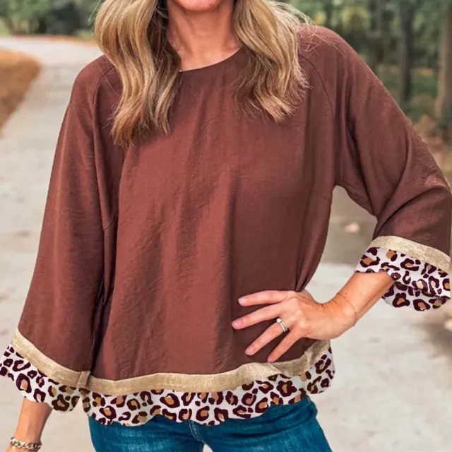 Women's Casual Leopard Print Patch Lapel Long Sleeve Top Brown - Shop at LoveMi