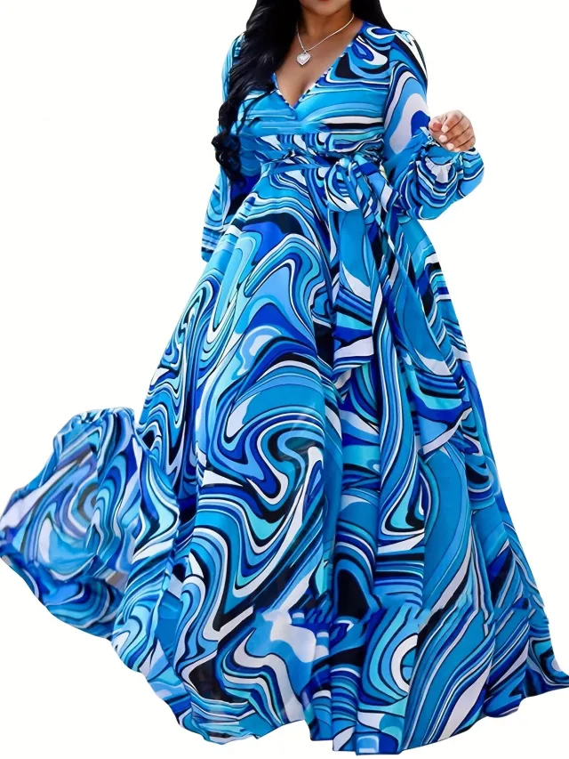 V neck Plus Size Floral Print Maxi Skirt Blue - Shop at LoveMi