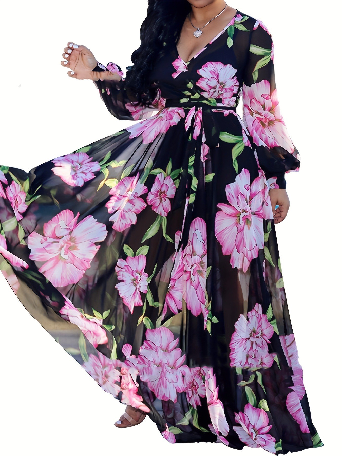 V neck Plus Size Floral Print Maxi Skirt Black - Shop at LoveMi