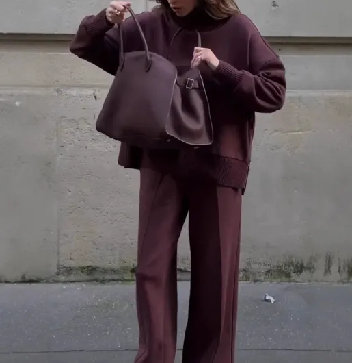 Loose Solid Color Temperament Sweatshirt Wide-leg Pants Two-piece Set - Dark Red