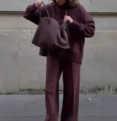 Loose Solid Colour Temperament Sweatshirt Wide-leg Pants Two-piece Set - Dark Red - View 1