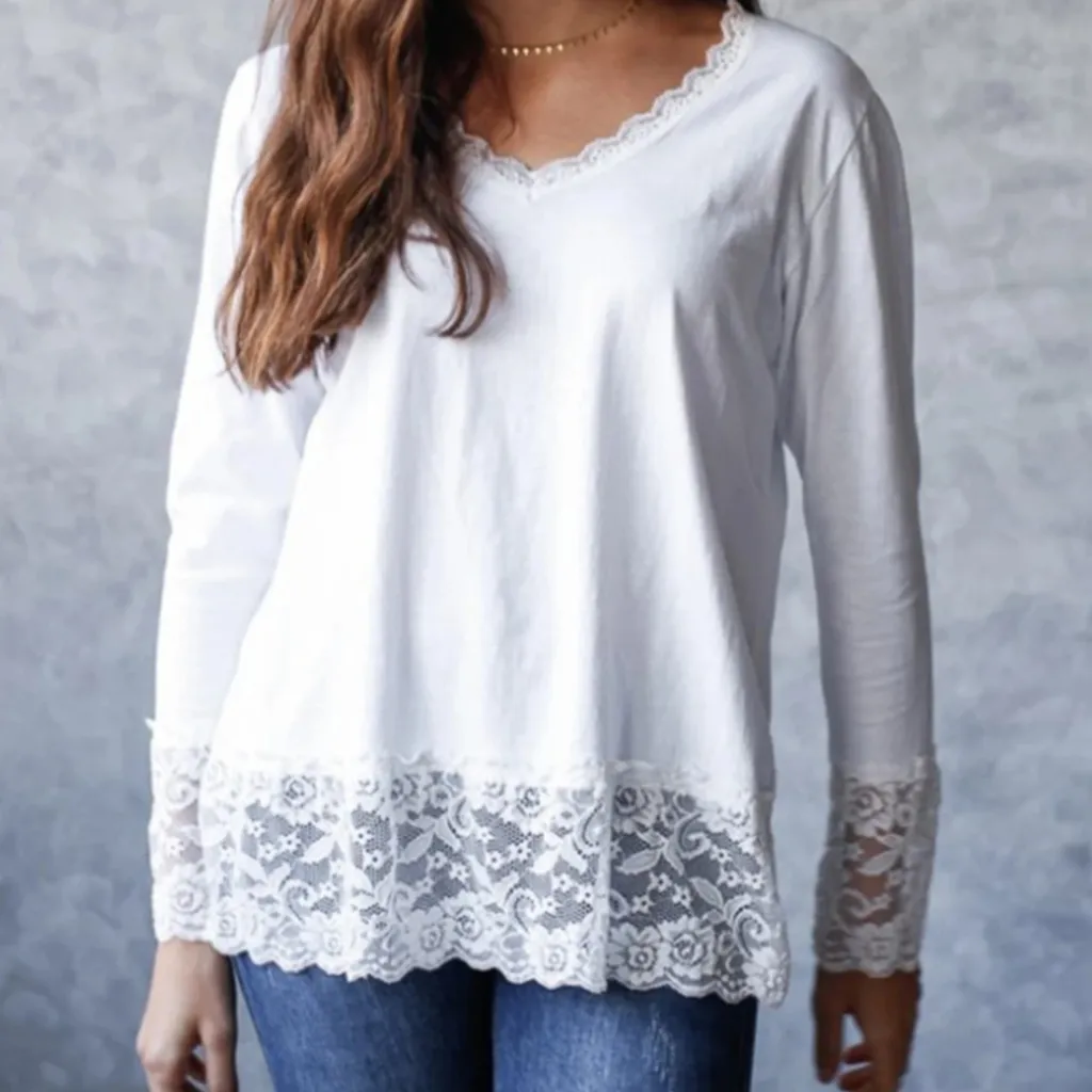 Women's Solid Color Lace Long Sleeve Base Shirt - White