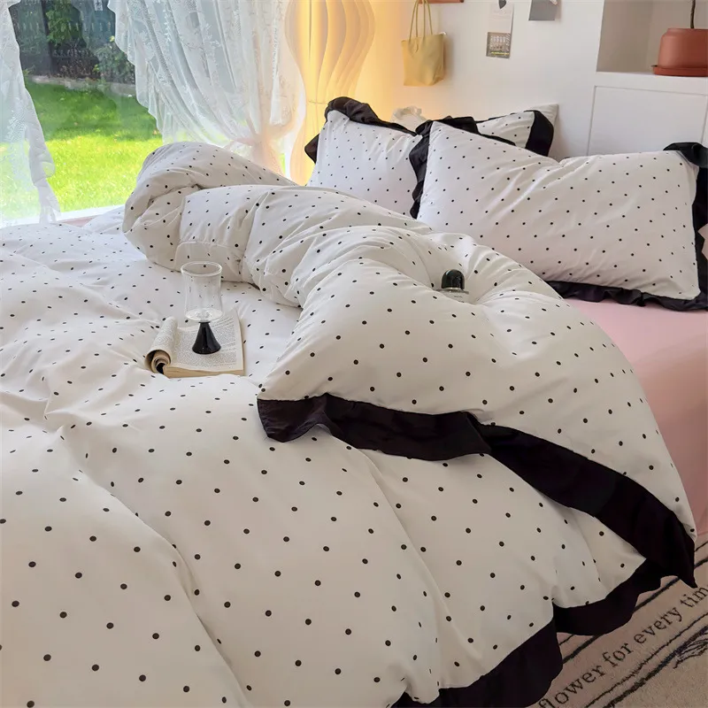 Ins French Good-looking Pure Washed Cotton Bed Sheet Three-piece Set - Polka Dot White