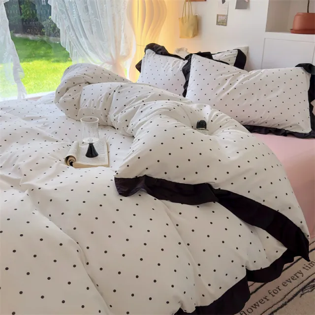 Ins French Good looking Pure Washed Cotton Bed Sheet Three piece Set Polka Dot White - Shop at LoveMi