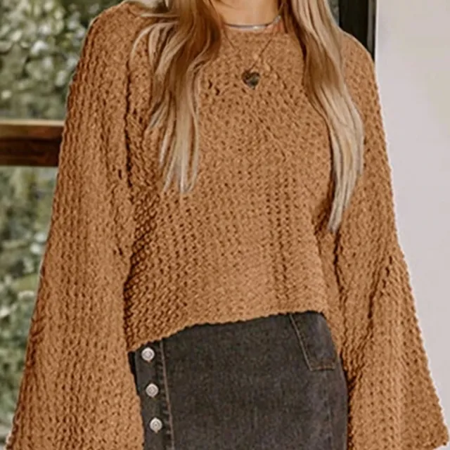 Women's Solid Color Thank You Hollow out Long Sleeve Pullover Brown - Shop at LoveMi
