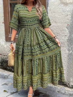 Spring And Summer Tribal Print Casual Women's Dress - Green - View 1
