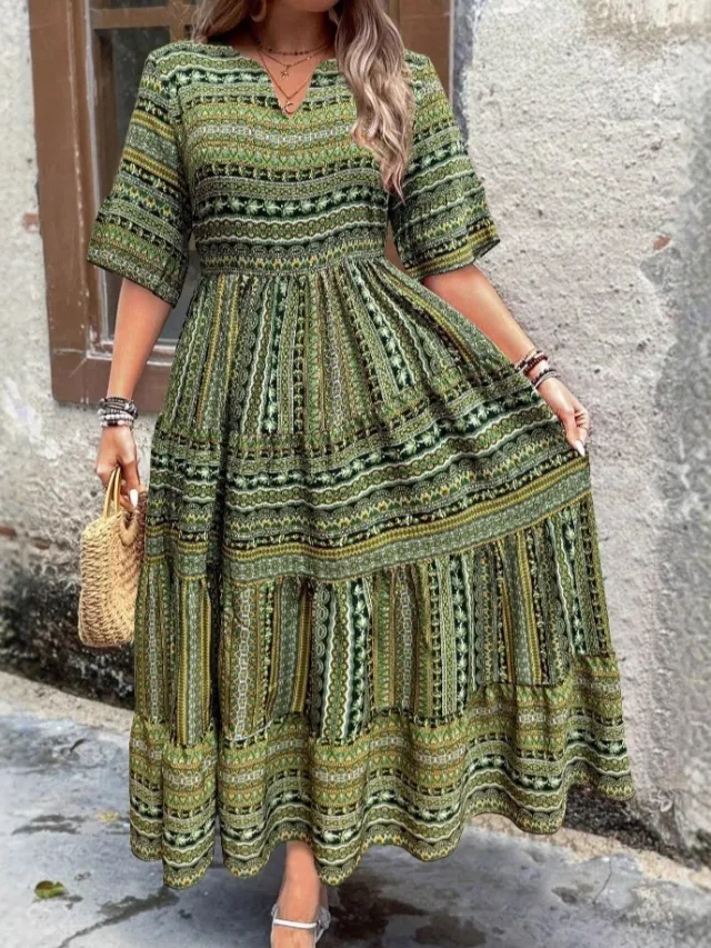 Spring And Summer Tribal Print Casual Women's Dress Green - Shop at LoveMi