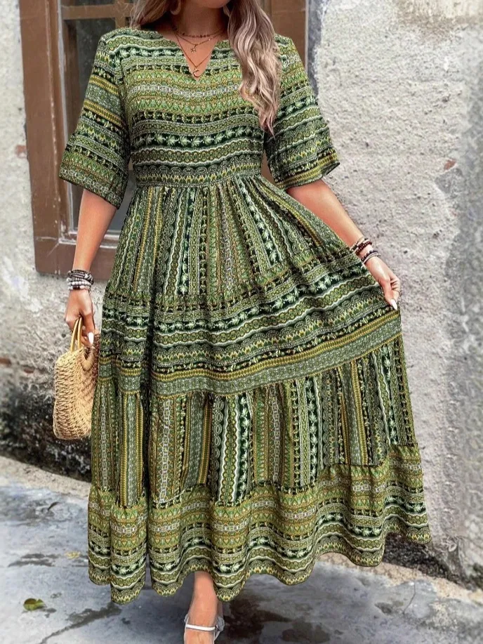 Spring And Summer Tribal Print Casual Women's Dress - Green