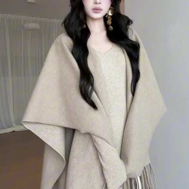 Temperament Knit Set Autumn V neck Long Sleeve Dress Shawl Two piece Women Shawl - Shop at LoveMi