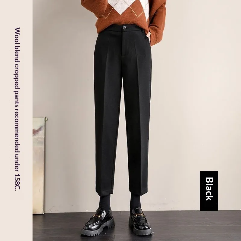 Women's Black Wool Pants With Fleece Lining For Autumn And Winter, Thick And Casual - Black