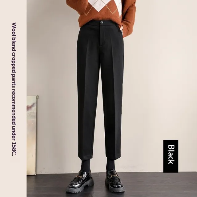 Women's Black Wool Pants With Fleece Lining For Autumn And Winter, Thick And Casual Black - Shop at LoveMi