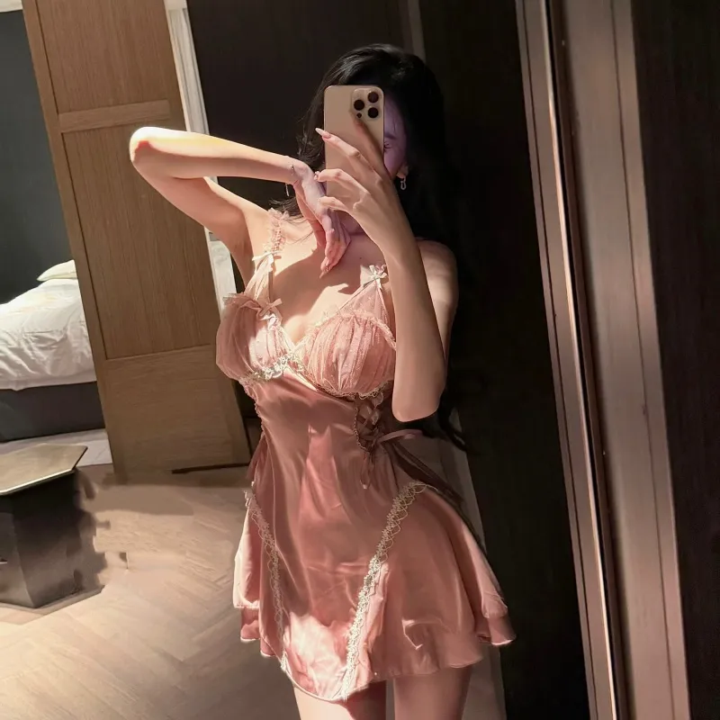 Lace French-style Pure Desire Sexy Deep V-neck Dress With Built-in Bra - Pink