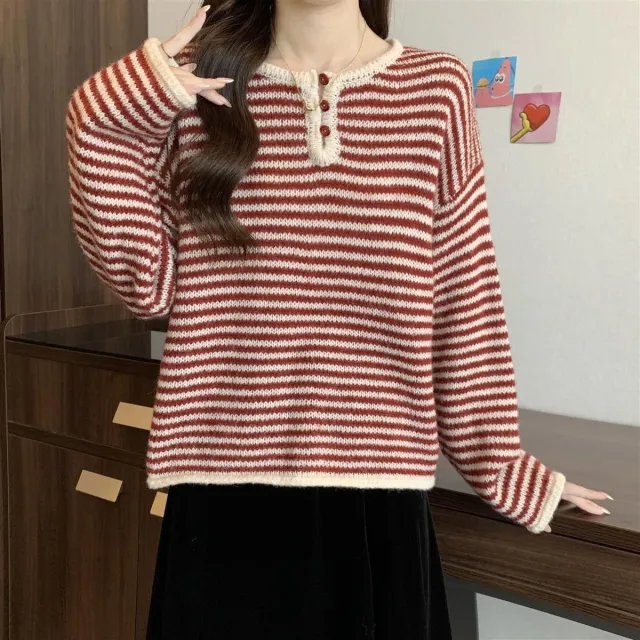Ladies' Loose Round neck Long sleeve Knitted Sweater Red - Shop at LoveMi