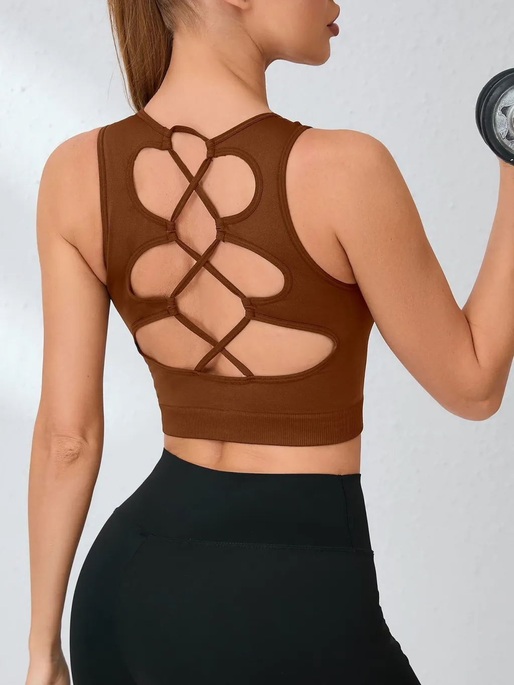 Women's Yoga Top Summer Seamless Quick-Dry Four-Way Stretch Backless - Brown