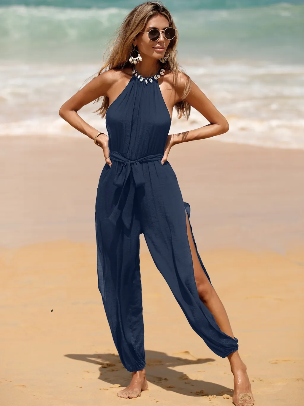 Women's Solid Colour Versatile Tie-Up Bodysuit - Blue