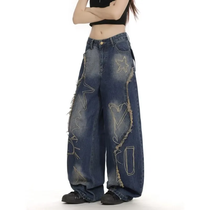 Women's High Waist Ripped Jeans Slim Fit Wide Leg Floor-Length Pants - Blue